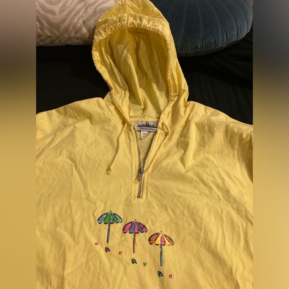 Swim Cover-up 100% cotton yellow with two pockets, hoody, beachy EUC